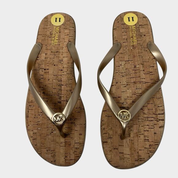 Michael Kors Jet Set Sandals MK Jelly 11 Gold Cork Flip Flops Thong Beach - Picture 9 of 12